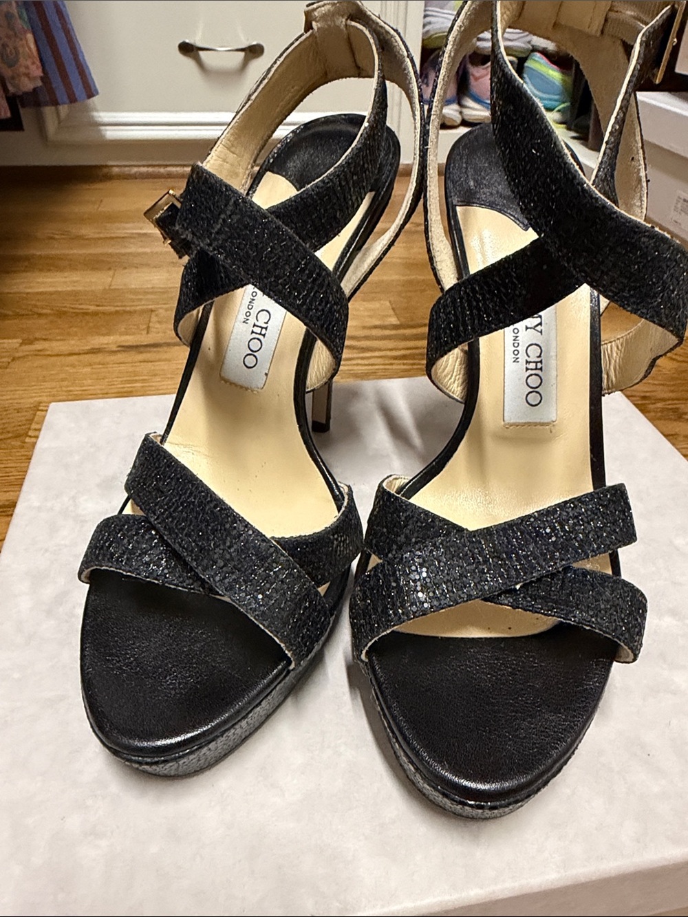 Jimmy Choo Black Glitter Crisscross Strap High Heels